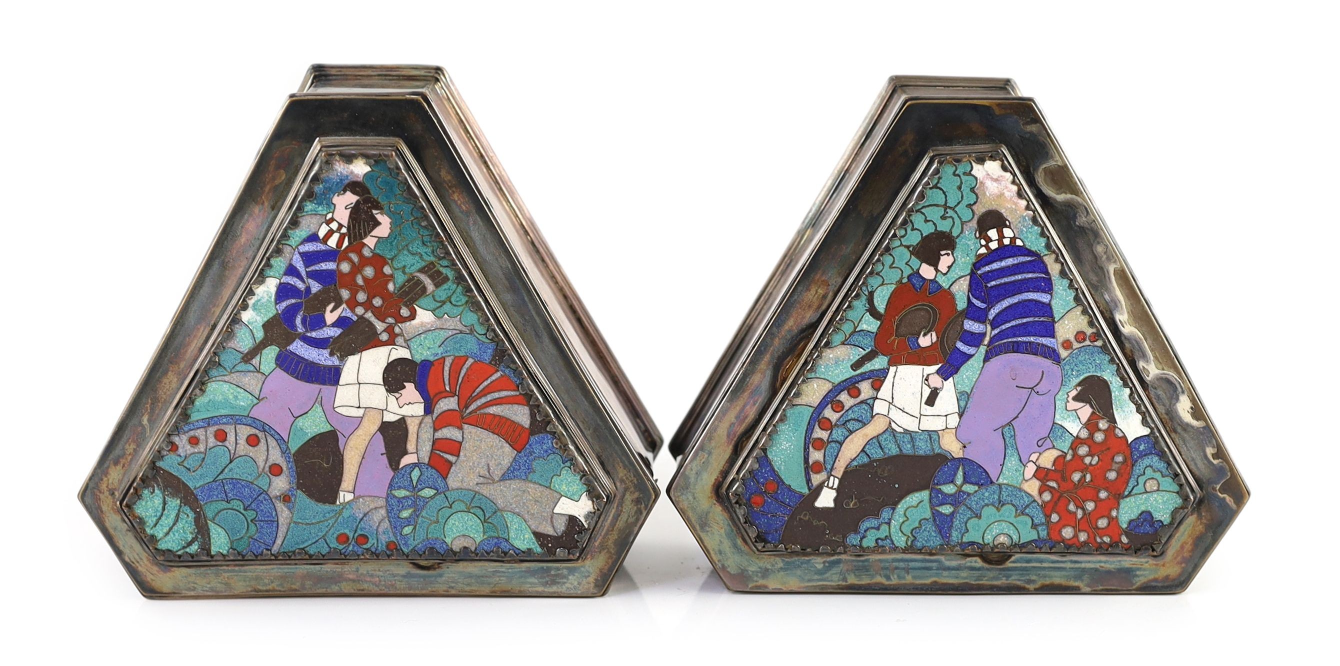 A pair of unusual Art Deco electroplated and cloisonné enamel panelled boxes and covers, 14 x 16cm height 6cm